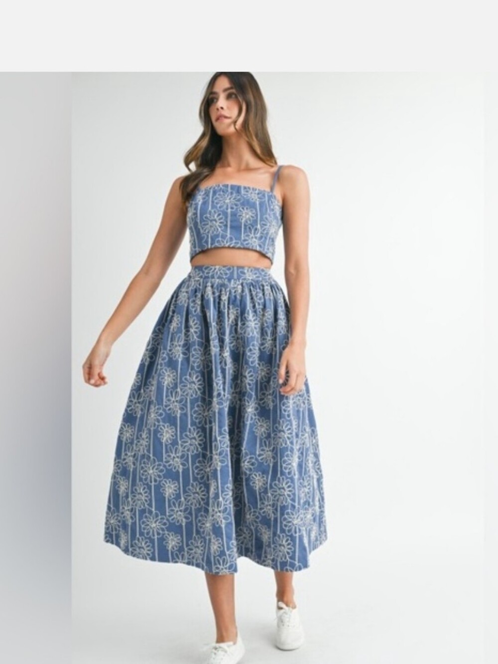 Blue Floral Two-Piece Denim Midi Skirt Set